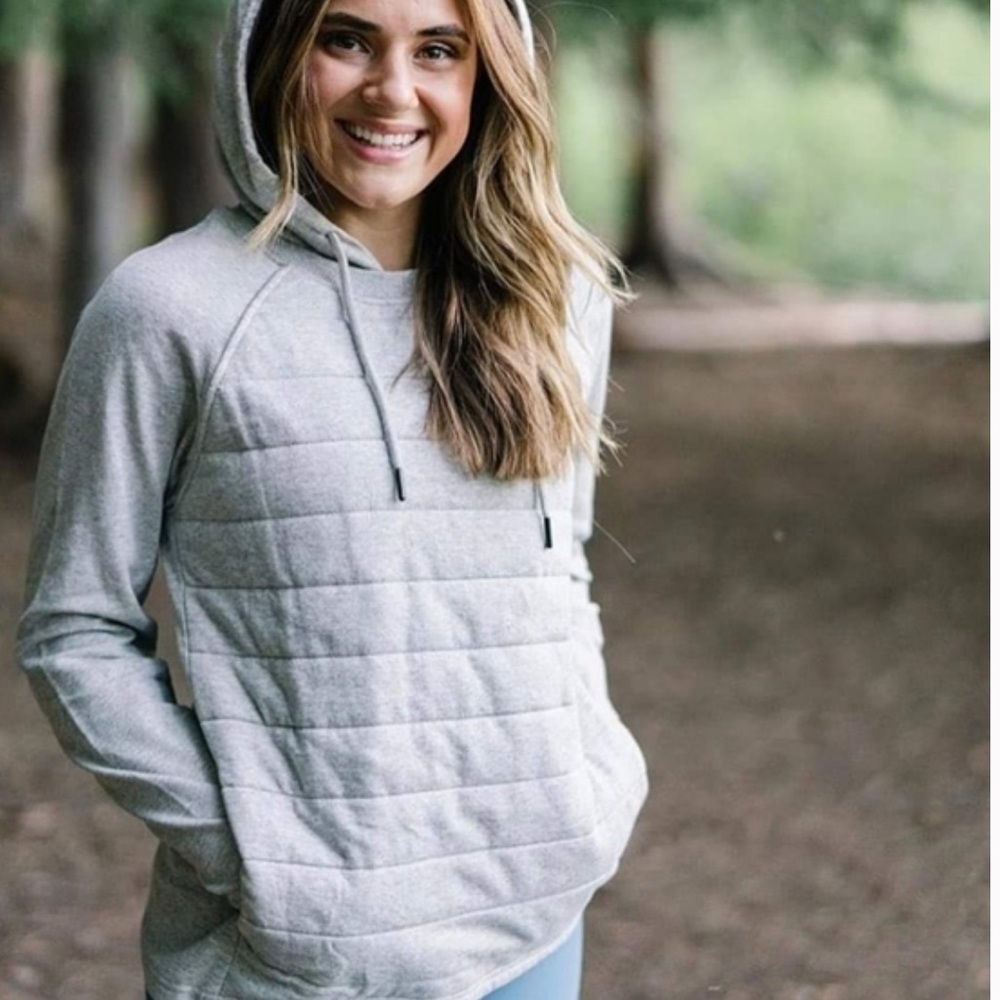 Zyia Active Quilted Hoodie Pocket Sweatshirt Cotton Cozy Top Grey Jacket Stretch